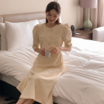 Твидовое длинное платье A-силуэта с жемчужными пуговицами и пышными рукавами “Анар”