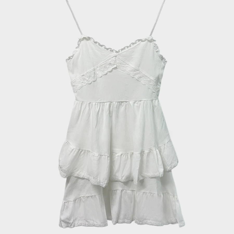 Хлопковое асимметричное миди-платье с кружевом и каскадными оборками
