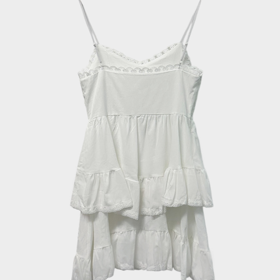 Хлопковое асимметричное миди-платье с кружевом и каскадными оборками