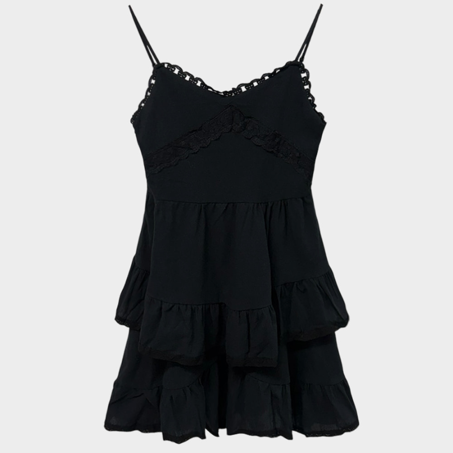 Хлопковое асимметричное миди-платье с кружевом и каскадными оборками