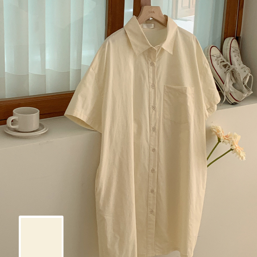 Хлопковое мини-платье-рубашка с короткими рукавами