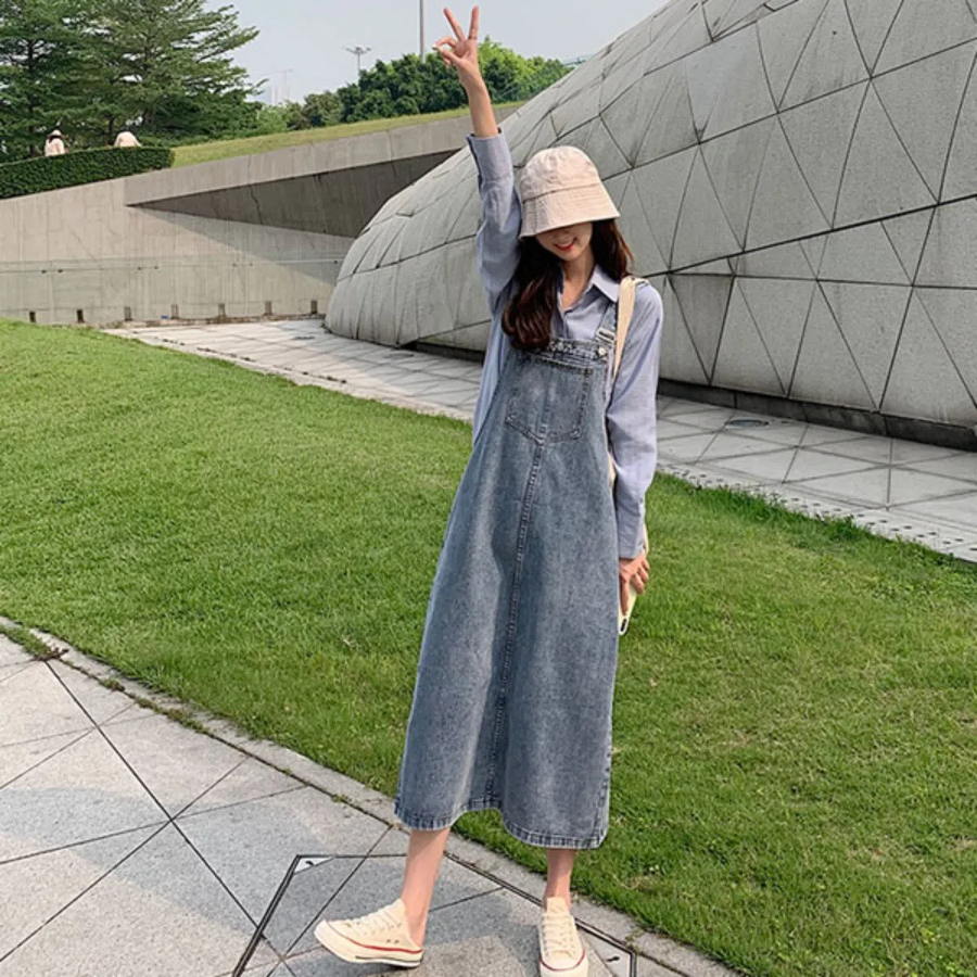 Джинсовый длинный сарафан с лямками