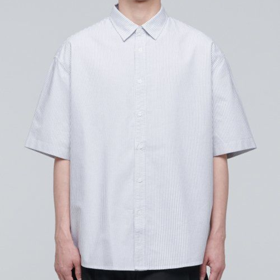 Striped Oversized Oxford Short Sleeve Shirt [Gray Stripe]