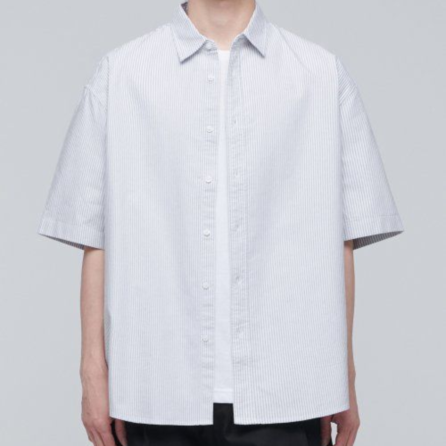 Striped Oversized Oxford Short Sleeve Shirt [Gray Stripe]