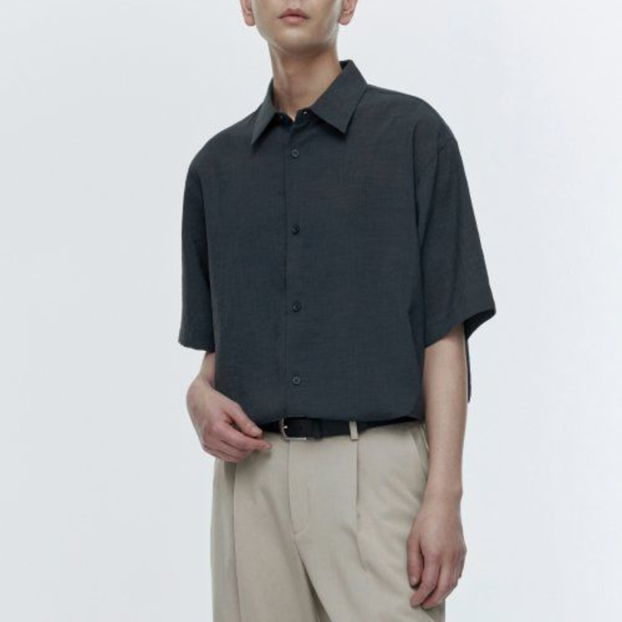 Relaxed Linen-Like Short Sleeve Shirt [Dark Gray]