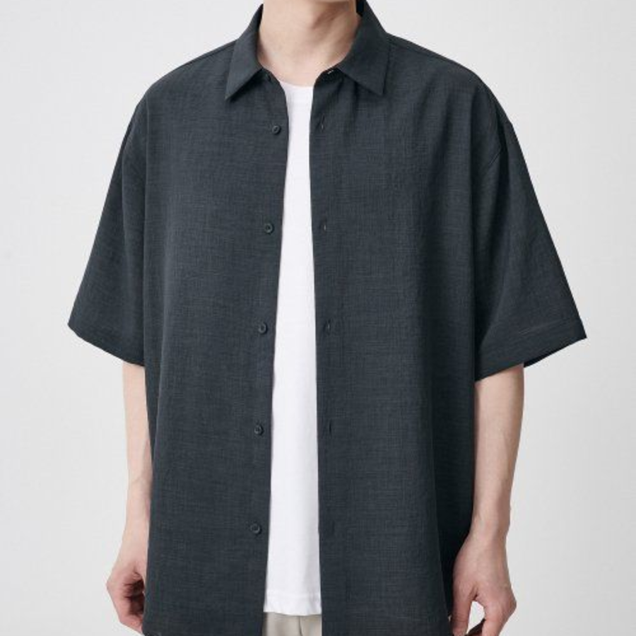 Relaxed Linen-Like Short Sleeve Shirt [Dark Gray]