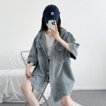 Unisex Oversized Out-Pocket Short-Sleeve Denim Hoodie Jacket