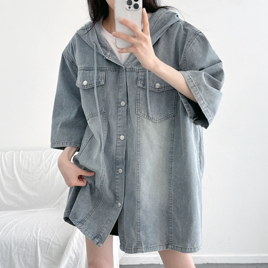 Unisex Oversized Out-Pocket Short-Sleeve Denim Hoodie Jacket