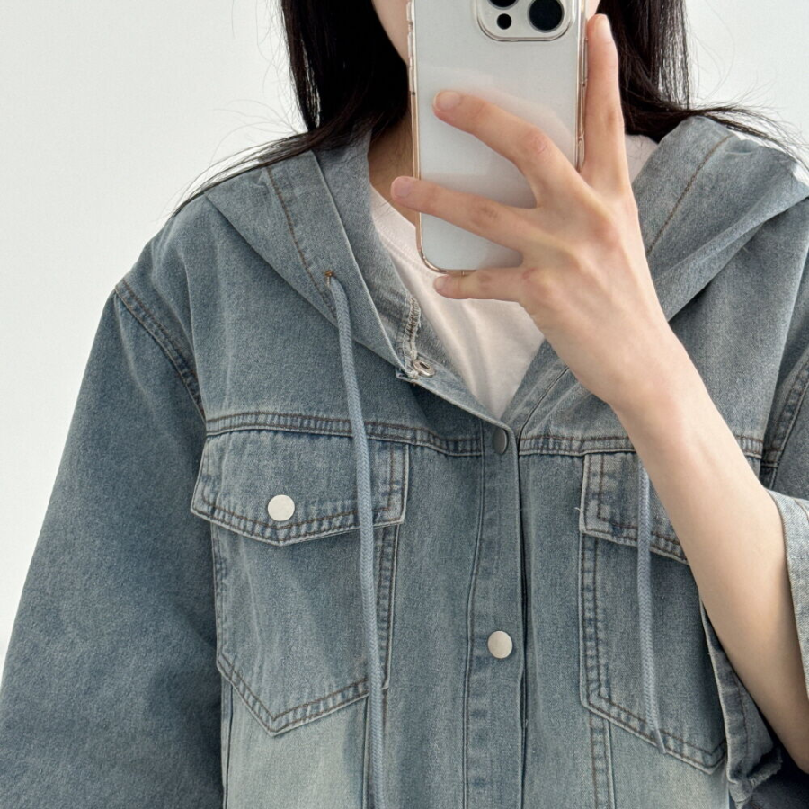 Unisex Oversized Out-Pocket Short-Sleeve Denim Hoodie Jacket