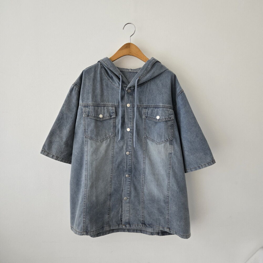 Unisex Oversized Out-Pocket Short-Sleeve Denim Hoodie Jacket