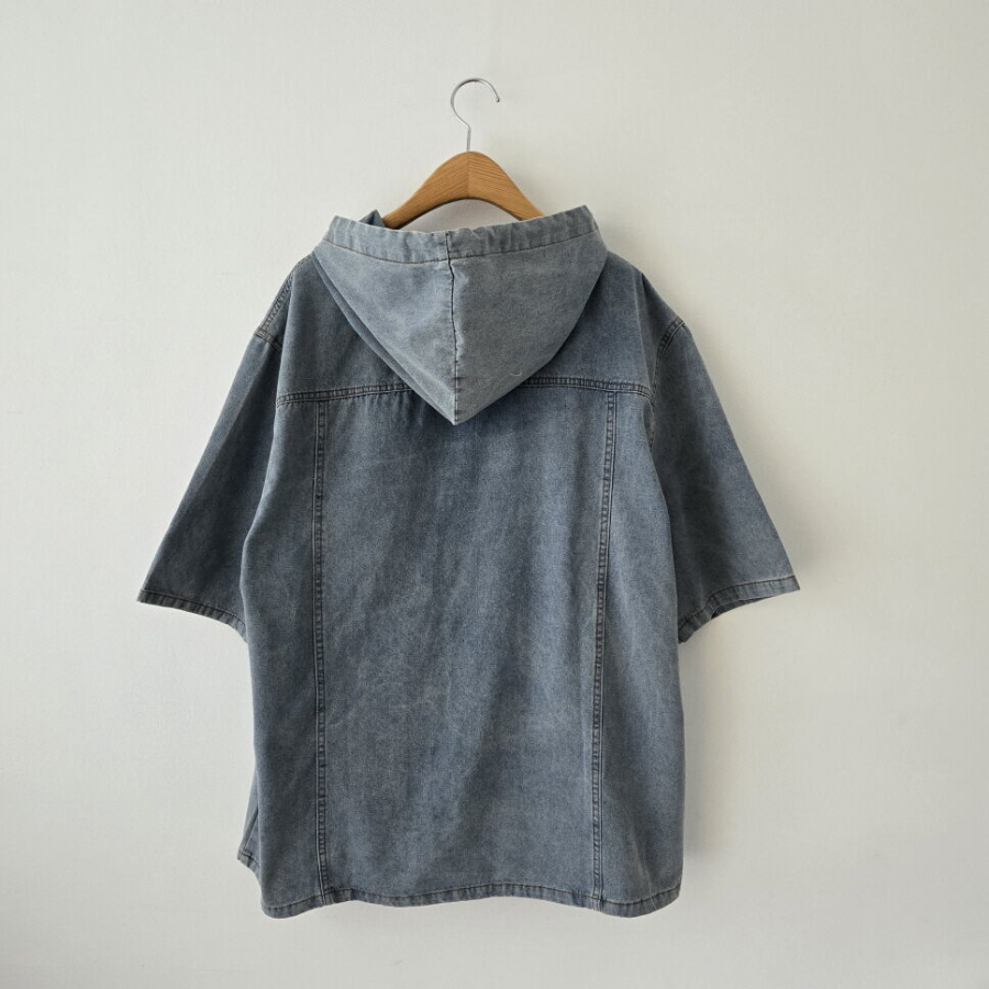 Unisex Oversized Out-Pocket Short-Sleeve Denim Hoodie Jacket