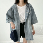 Unisex Oversized Out-Pocket Short-Sleeve Denim Hoodie Jacket
