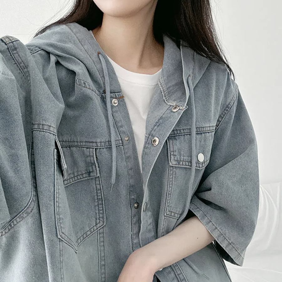 Unisex Oversized Out-Pocket Short-Sleeve Denim Hoodie Jacket