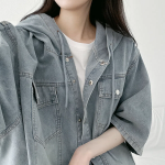 Unisex Oversized Out-Pocket Short-Sleeve Denim Hoodie Jacket