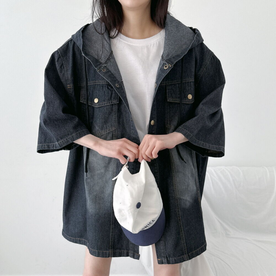 Unisex Oversized Out-Pocket Short-Sleeve Denim Hoodie Jacket