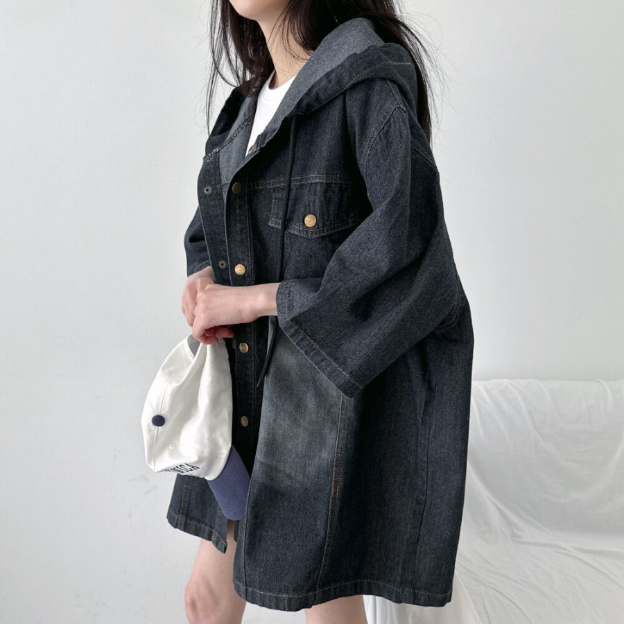 Unisex Oversized Out-Pocket Short-Sleeve Denim Hoodie Jacket