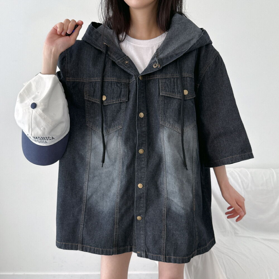 Unisex Oversized Out-Pocket Short-Sleeve Denim Hoodie Jacket