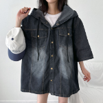Unisex Oversized Out-Pocket Short-Sleeve Denim Hoodie Jacket