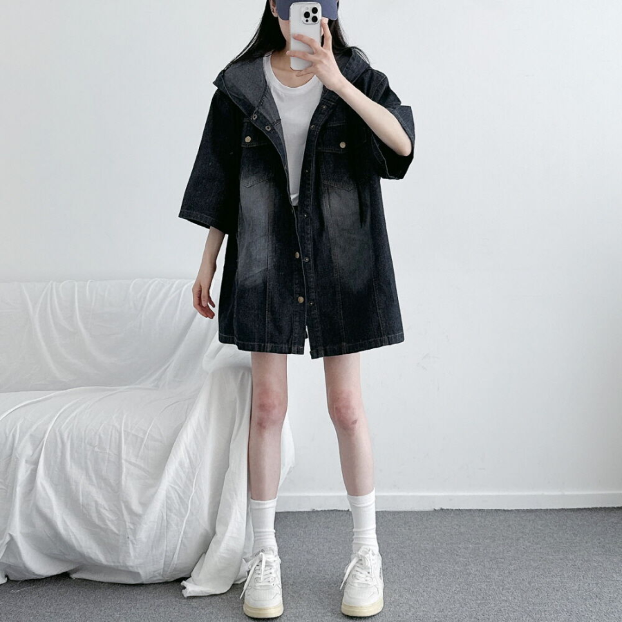 Unisex Oversized Out-Pocket Short-Sleeve Denim Hoodie Jacket