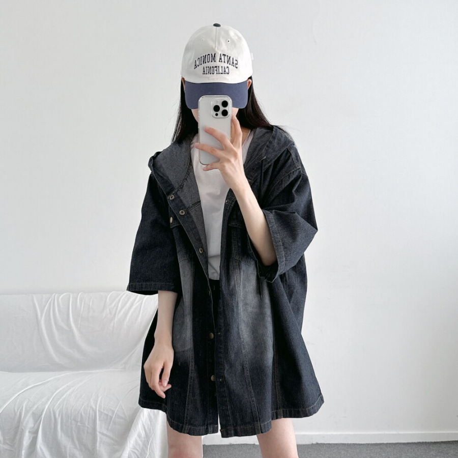 Unisex Oversized Out-Pocket Short-Sleeve Denim Hoodie Jacket