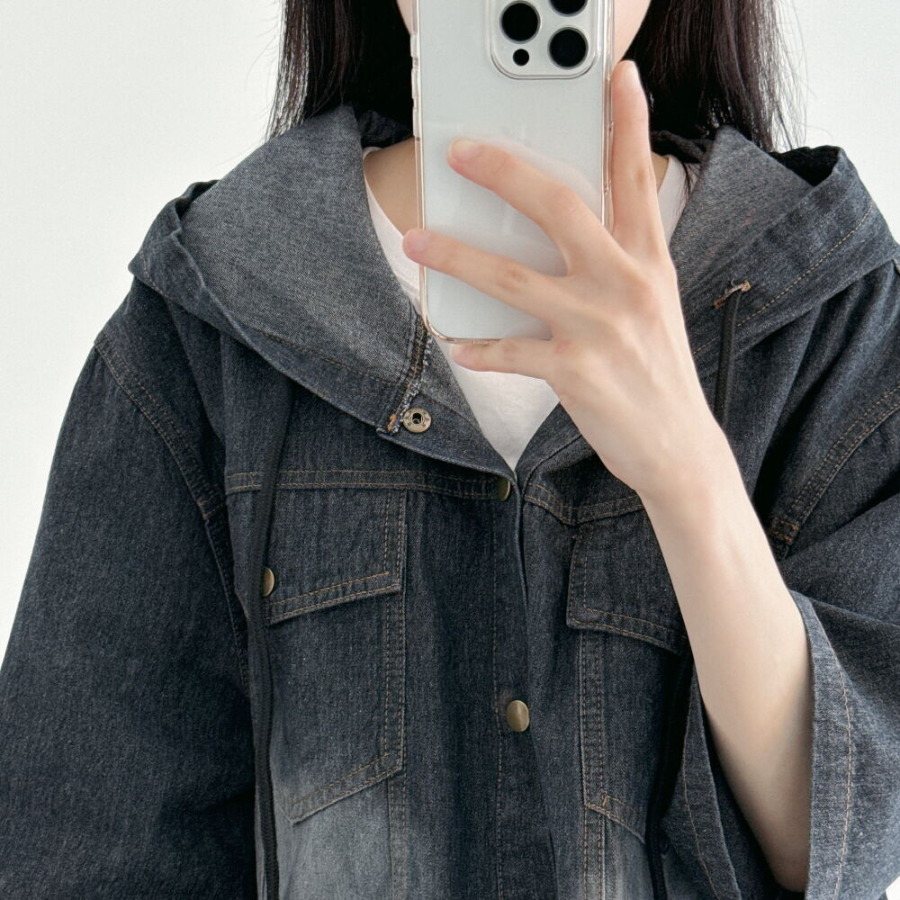 Unisex Oversized Out-Pocket Short-Sleeve Denim Hoodie Jacket