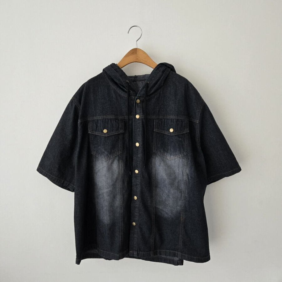 Unisex Oversized Out-Pocket Short-Sleeve Denim Hoodie Jacket