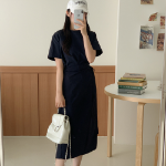 S-Темно-синий-Миди-платье