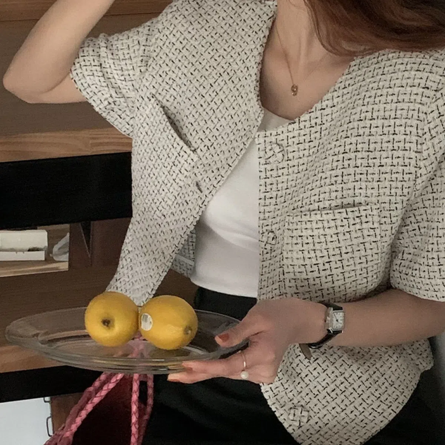 Hets Summer Tweed Round-Neck Feminine Single Short-Sleeve Jacket
