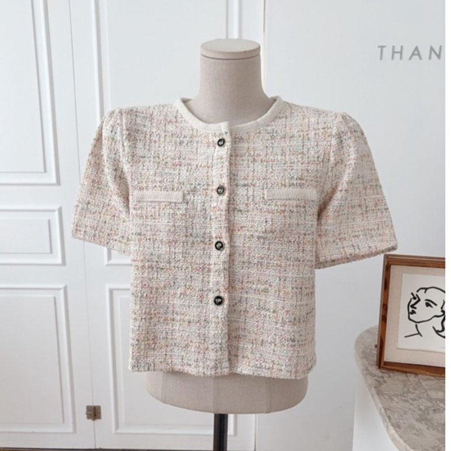 Akiko Tweed Crop Padded Short-Sleeve Jacket