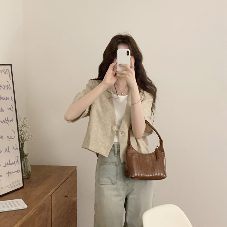 Showyou Linen One-Button Short-Sleeve Blazer