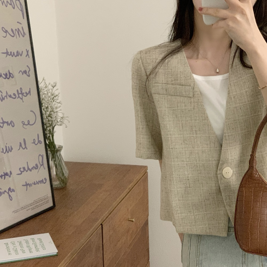 Showyou Linen One-Button Short-Sleeve Blazer