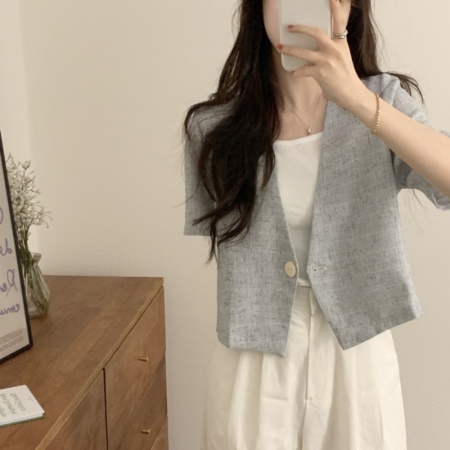 Showyou Linen One-Button Short-Sleeve Blazer