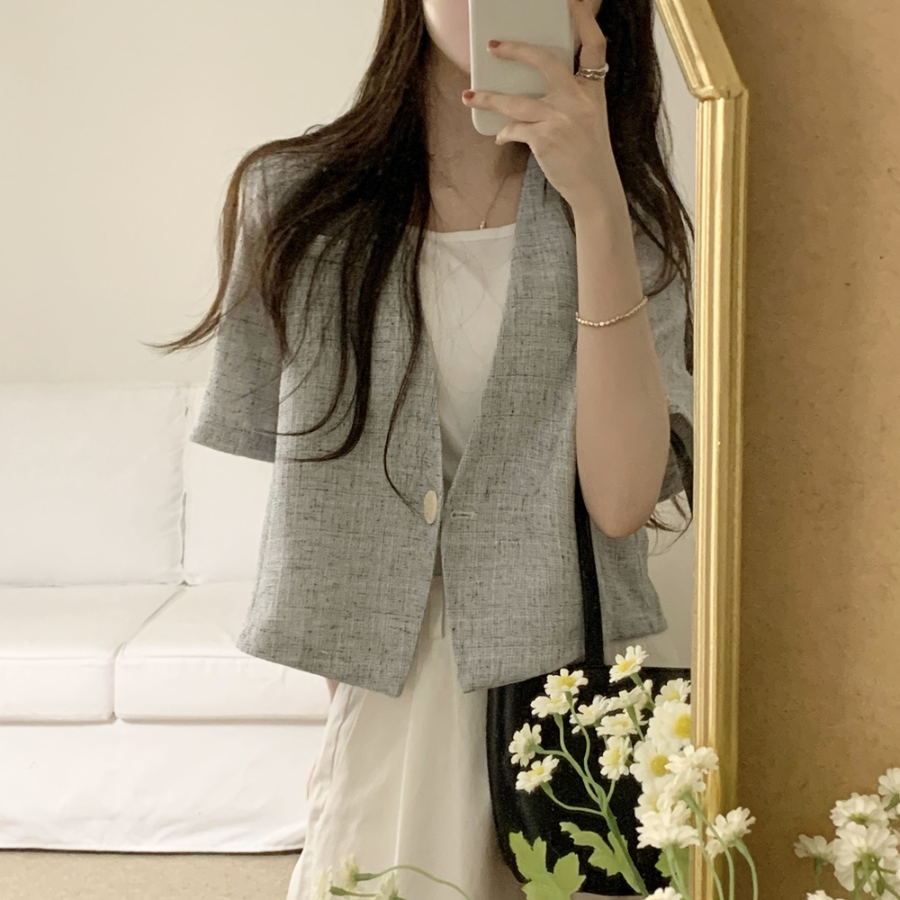 Showyou Linen One-Button Short-Sleeve Blazer