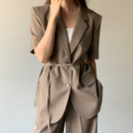 Belted Short-Sleeve Loose-Fit Long Single Blazer