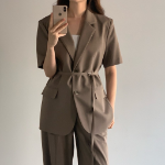 Belted Short-Sleeve Loose-Fit Long Single Blazer
