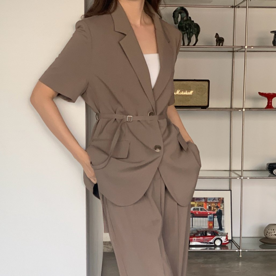 Belted Short-Sleeve Loose-Fit Long Single Blazer