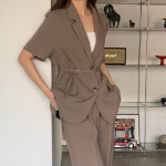 Belted Short-Sleeve Loose-Fit Long Single Blazer