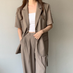Belted Short-Sleeve Loose-Fit Long Single Blazer