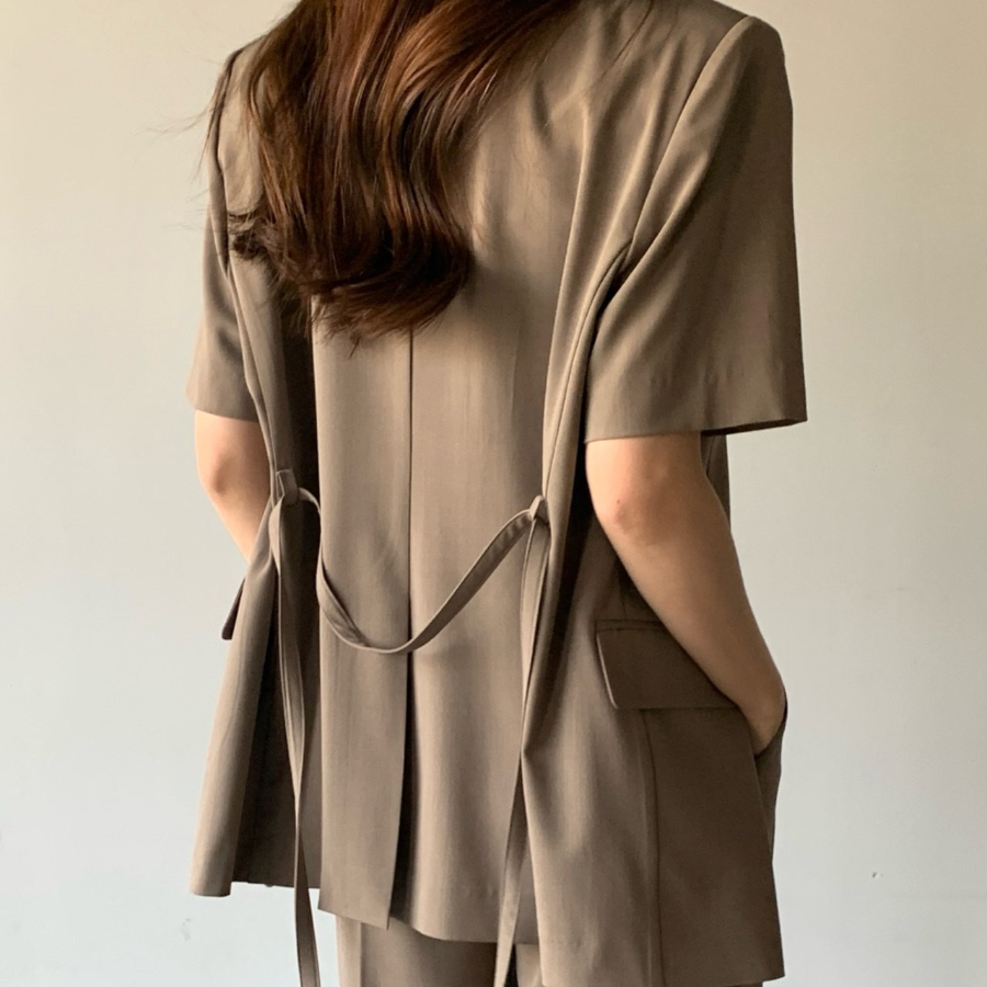 Belted Short-Sleeve Loose-Fit Long Single Blazer