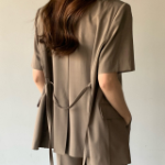 Belted Short-Sleeve Loose-Fit Long Single Blazer