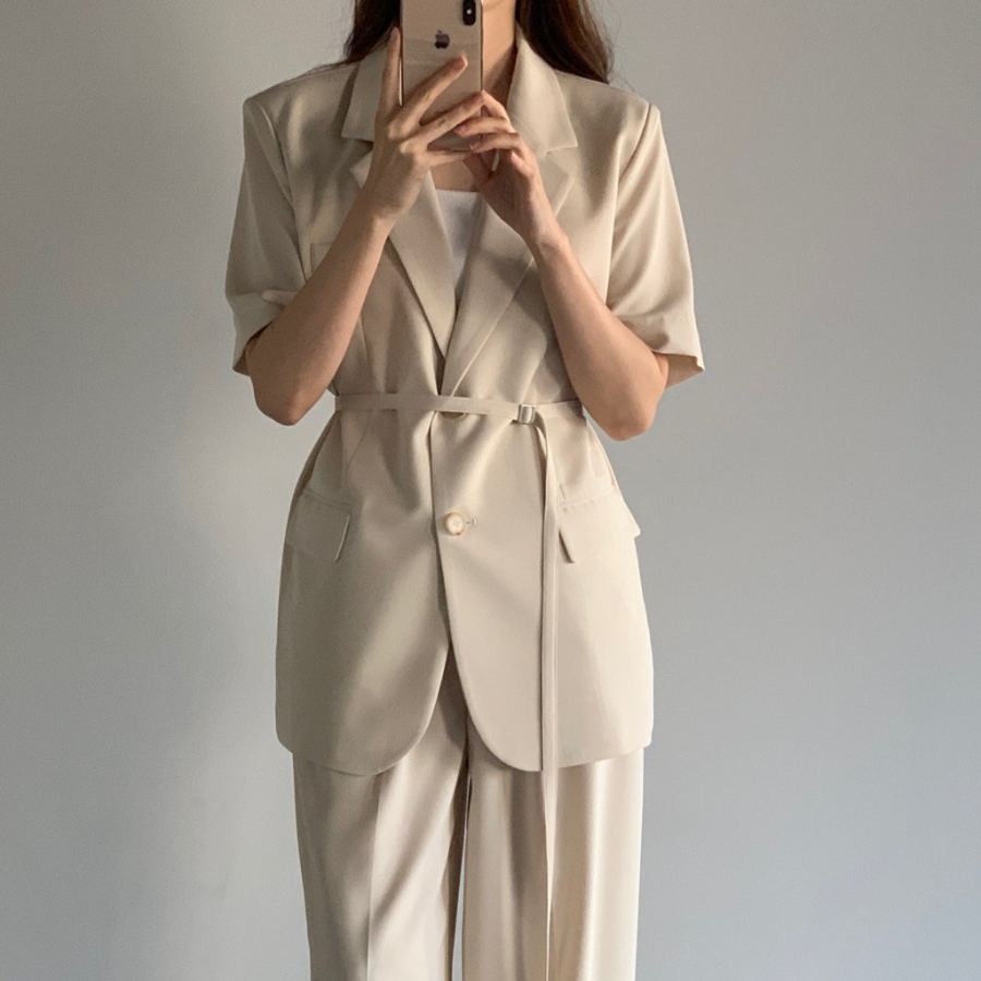 Belted Short-Sleeve Loose-Fit Long Single Blazer