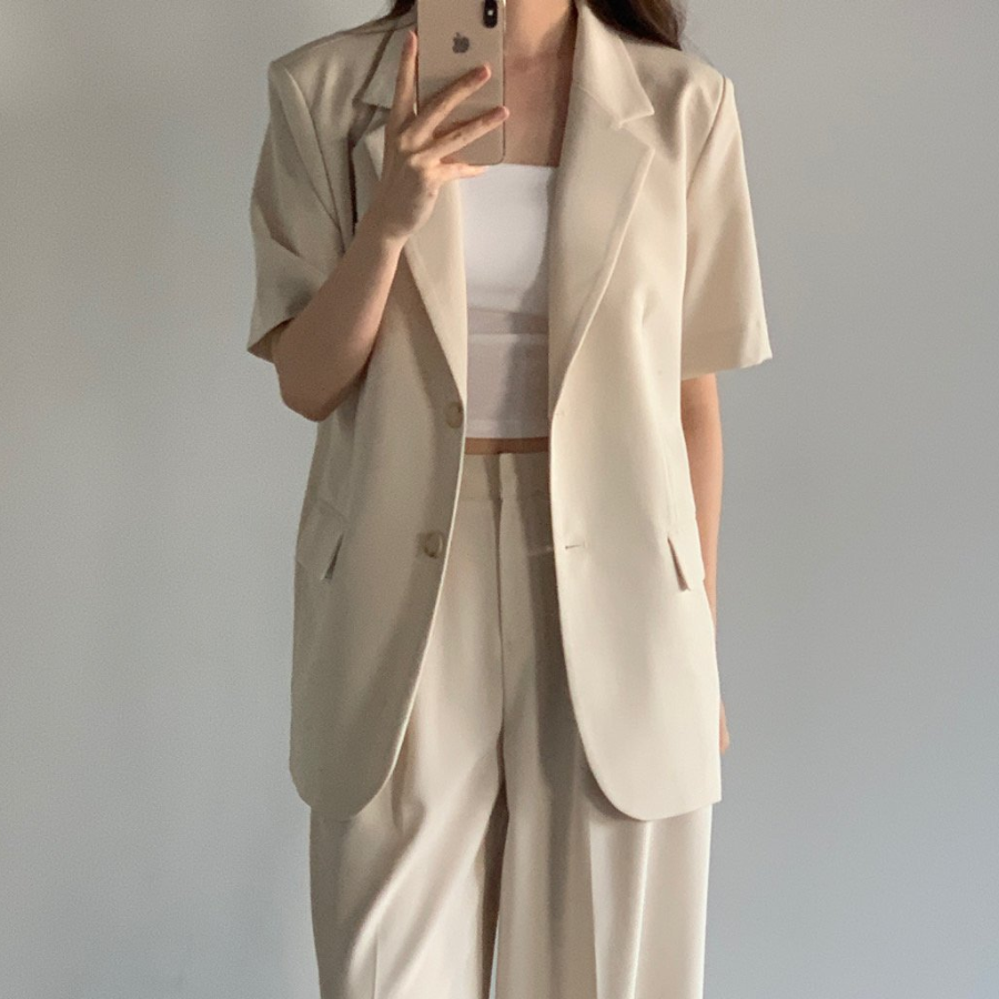 Belted Short-Sleeve Loose-Fit Long Single Blazer
