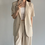 Belted Short-Sleeve Loose-Fit Long Single Blazer