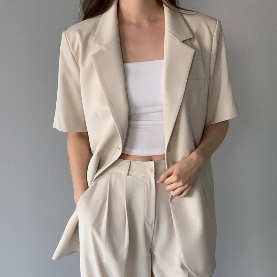 Belted Short-Sleeve Loose-Fit Long Single Blazer