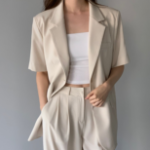 Belted Short-Sleeve Loose-Fit Long Single Blazer