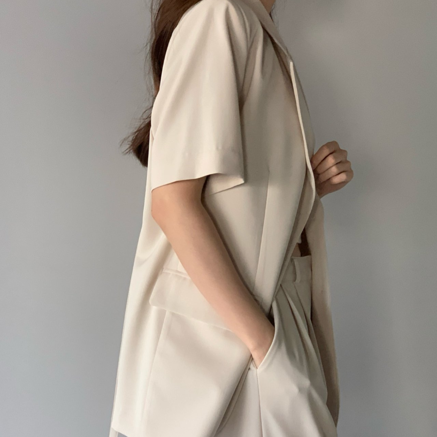 Belted Short-Sleeve Loose-Fit Long Single Blazer