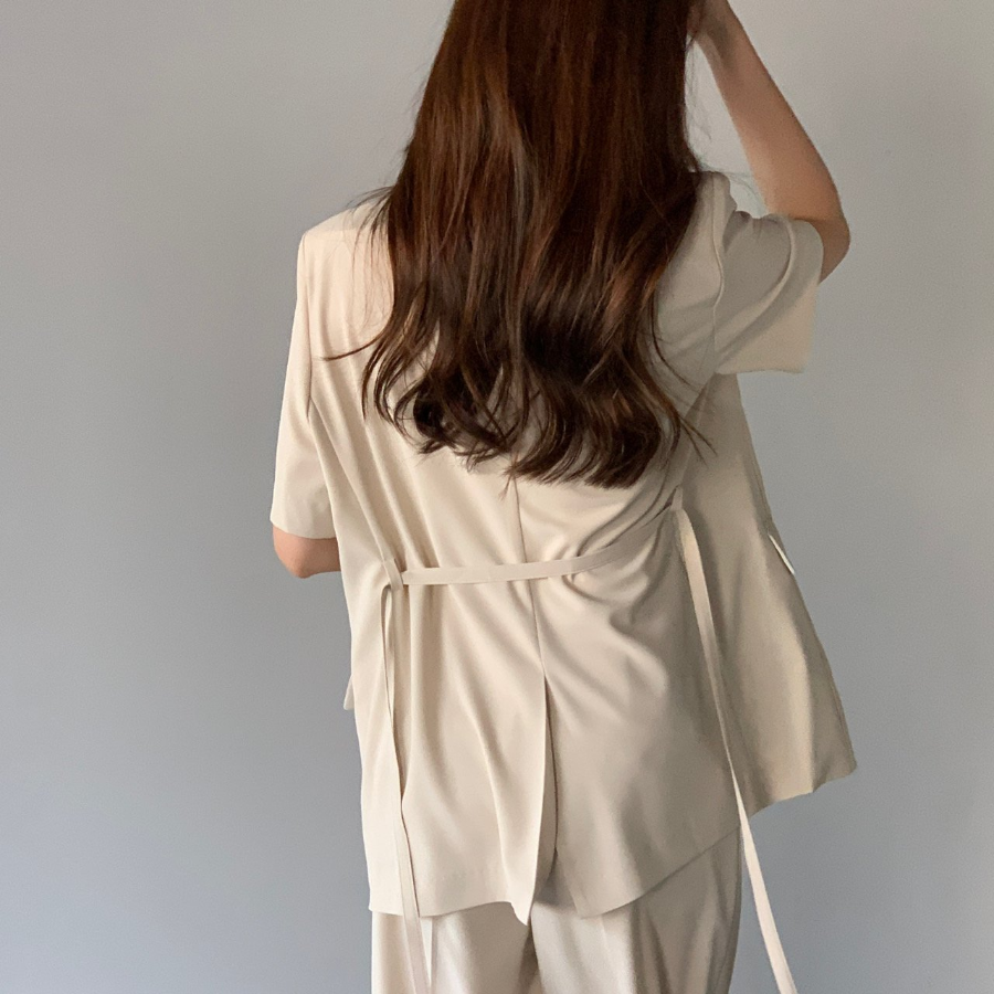 Belted Short-Sleeve Loose-Fit Long Single Blazer