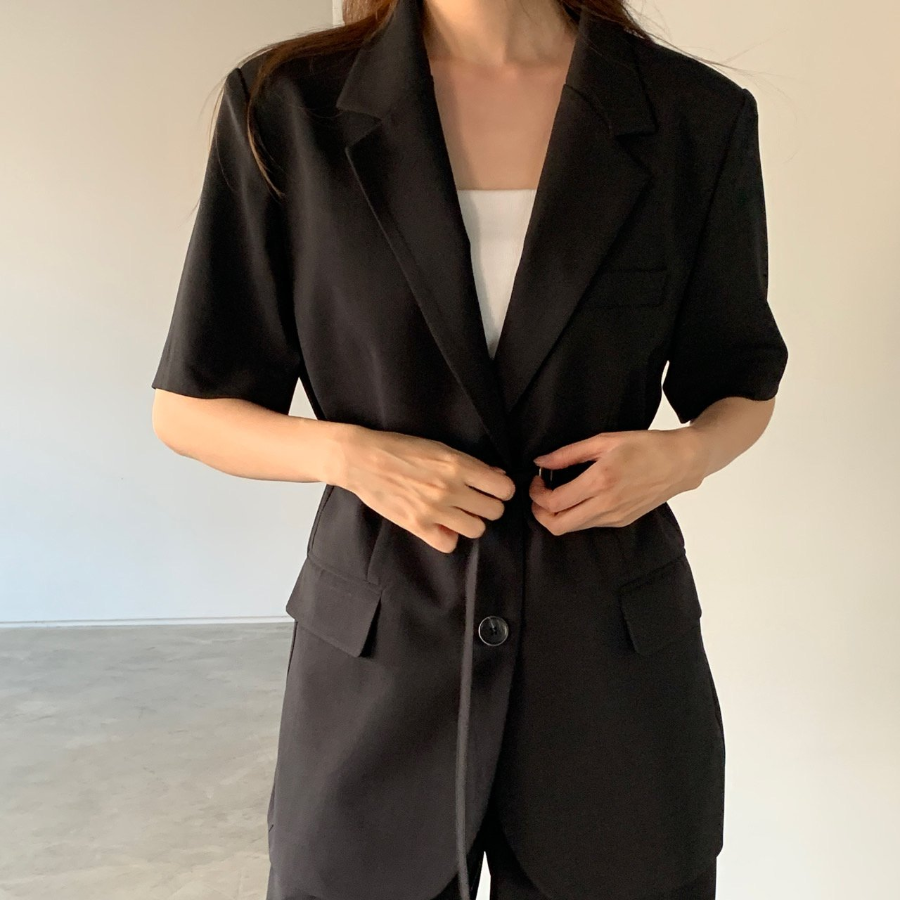 Belted Short-Sleeve Loose-Fit Long Single Blazer