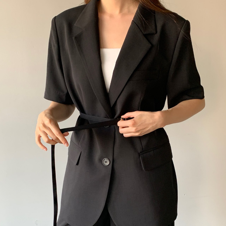 Belted Short-Sleeve Loose-Fit Long Single Blazer