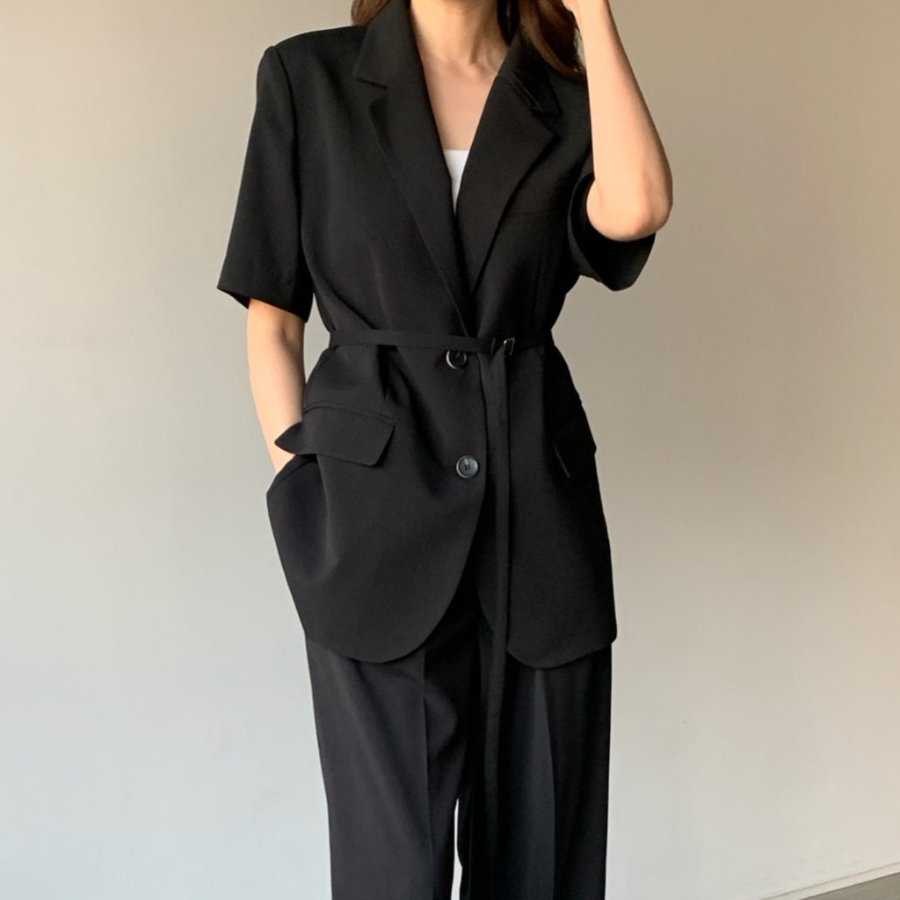 Belted Short-Sleeve Loose-Fit Long Single Blazer